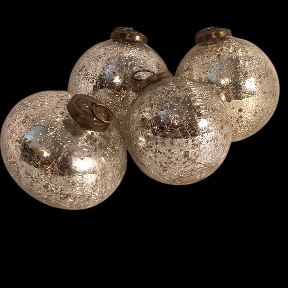 Large Silver Crackle Glass Gold Flakes Christmas Ornaments Kugel Style Set Of 4 - Picture 2 of 6